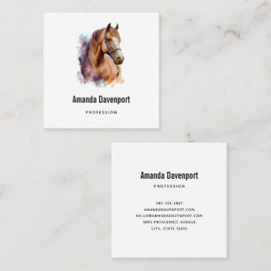 Carte De Visite Carré Portrait de tête de cheval brun à l'aquarelle