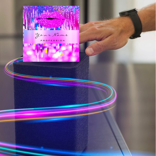 Carte De Visite Carré Pose d'holographe de logo pour artiste de maquilla (Professional Makeup Artist Logo Lip Holograph Drip Square Business Card)