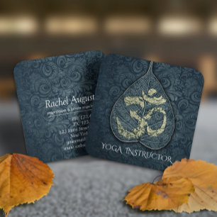 Carte De Visite Carré Professeur de yoga Black & Gold Symbole OM feuille