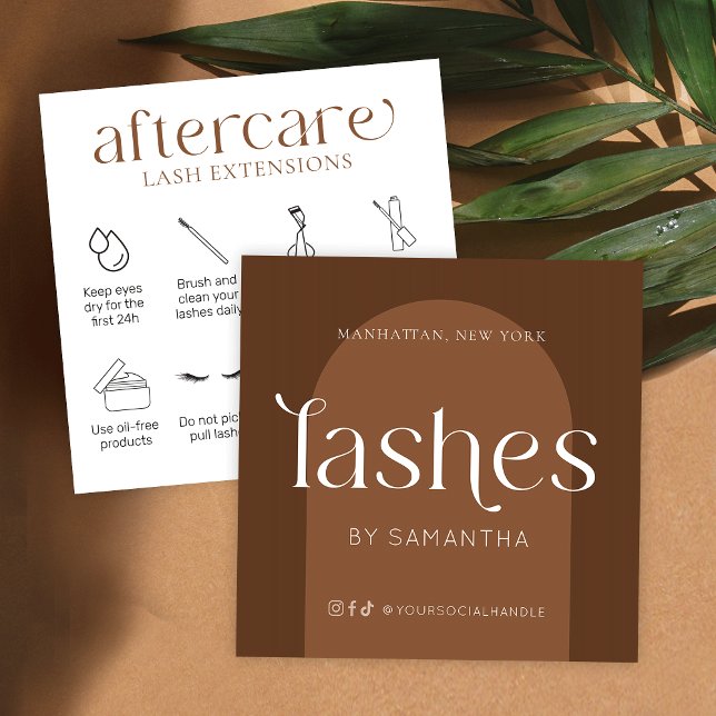 Carte De Visite Carré Prolongations Lash Après-soins Moderne Boho Terrac (Modern boho lash extensions after care cards featuring trendy fonts and lash care icons)