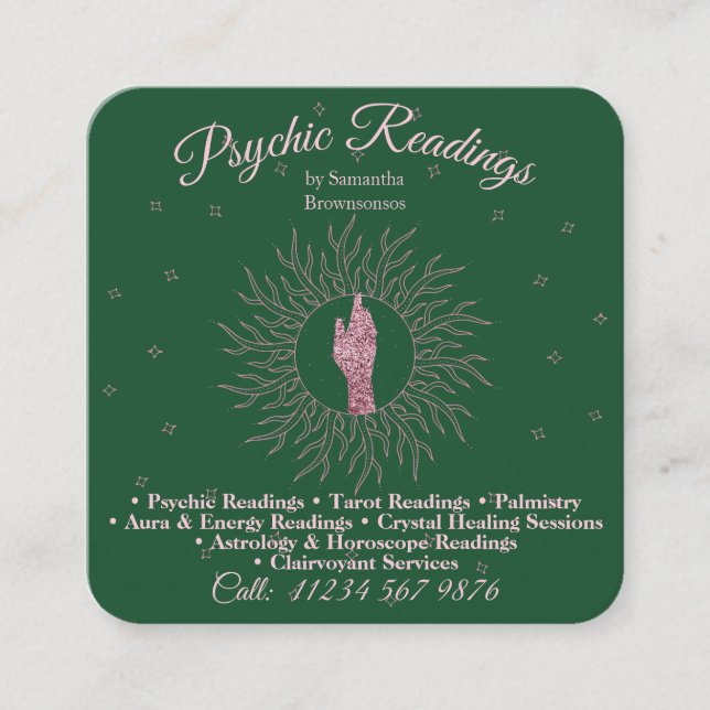 Carte De Visite Carré Psychique Moyenne Astrologue Massage Thérapie Vert (Devant)