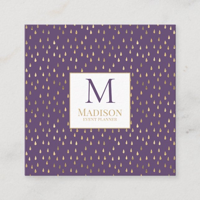 Carte De Visite Carré Purple Gold Raindrop Moderne Monogramme tendance (Devant)