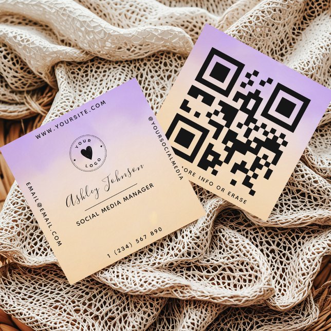 Carte De Visite Carré Purple & Peach Dreamy QR Code & mignon Logo Modern (Créateur téléchargé)