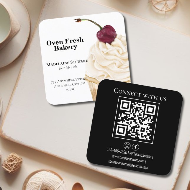 Carte De Visite Carré QR Code Black White Cupcake Bakou (Créateur téléchargé)