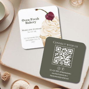 Carte De Visite Carré QR Code Boulangerie blanche verte Cupcake