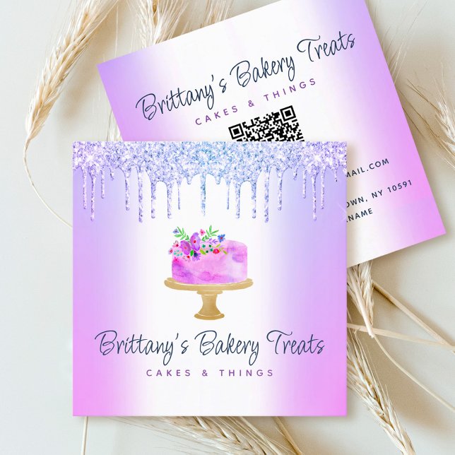 Carte De Visite Carré QR Code Boulangerie Purple Cake Parties scintillan (Créateur téléchargé)