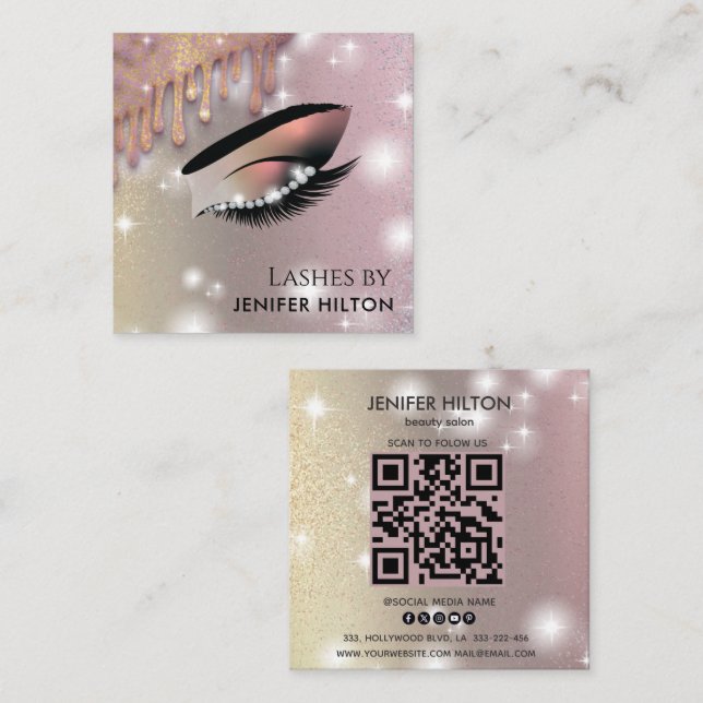 Carte De Visite Carré Qr code glittery tendance cils maquillage oeil (Devant / Derrière)