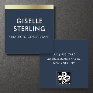 Carte De Visite Carré QR Code Minimal Marine Blue Gold Luxury Typographi