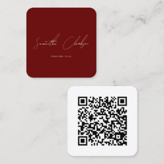 Carte De Visite Carré QR Code Minimalist Burgundy Handwritten Script