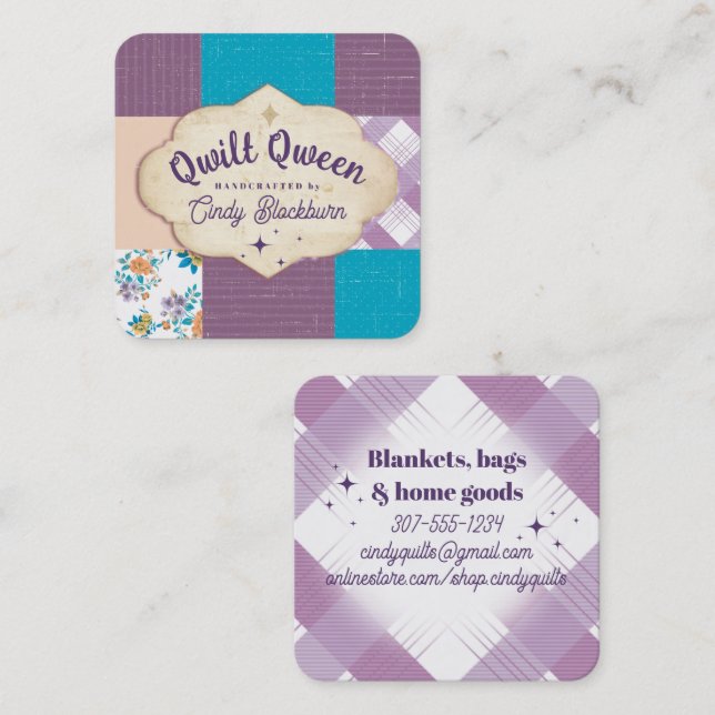 Carte De Visite Carré Quilter quilting bloc quilt tissu artisanal floral (Devant / Derrière)