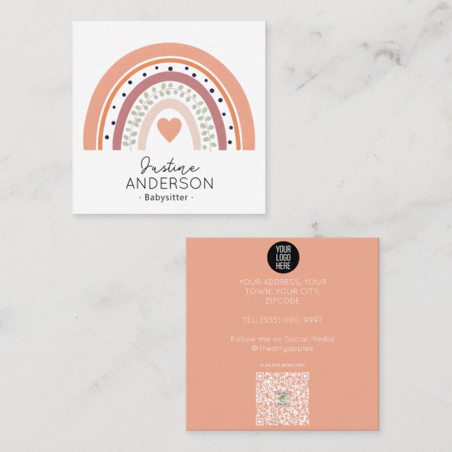 Carte De Visite Carré Rainbow Funky SCANDI HEART RAINBOW BABYSITTER (Devant / Derrière)
