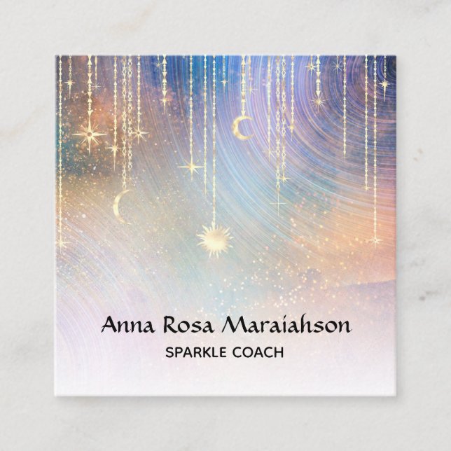 Carte De Visite Carré *~* Rainbow Gold Sparkle Moon Sun Celestial Stars (Devant)