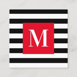 Carte De Visite Carré Rayure noir et blanc Monogramme rouge vif