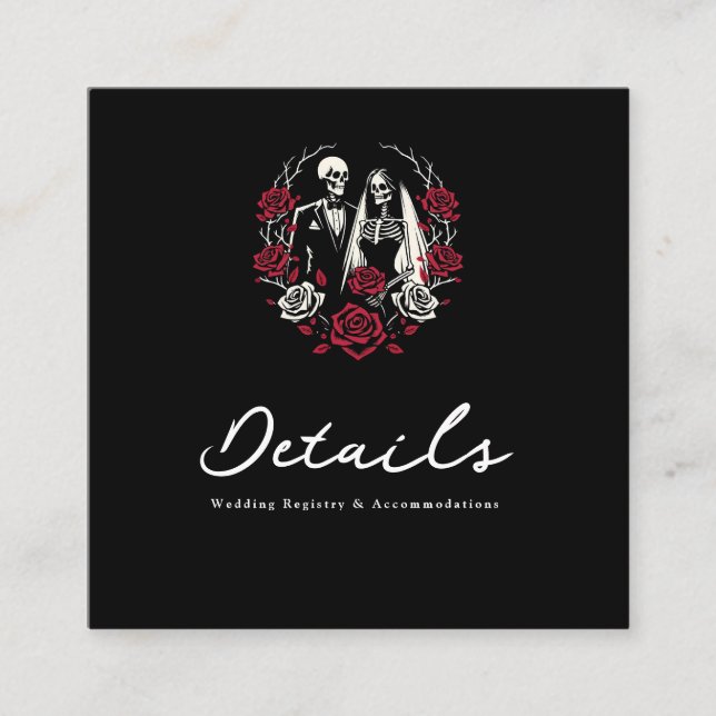 Carte De Visite Carré Red & Black White Roses Skeleton Mariage Détails (Devant)