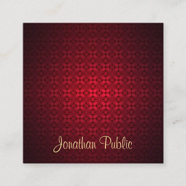 Carte De Visite Carré Red Damask Calligraphie Script Nom Modèle Elite (Devant)