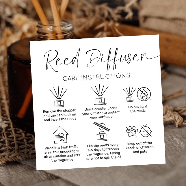 Carte De Visite Carré Reed Diffuser Care Instructions Logo minimaliste (Simple reed diffuser care cards with black and white background, air freshener care icons and logo)