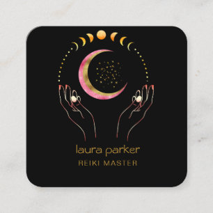 Carte De Visite Carré Reiki Yoga Healing Hands Crescent Lune Phases