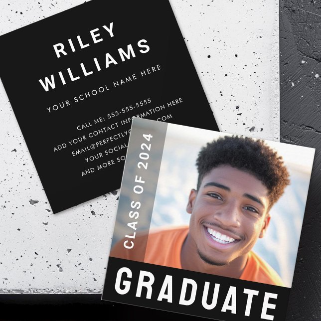Carte De Visite Carré Réseau des étudiants photo moderne noir (Student graduation networking photo modern black square business card)