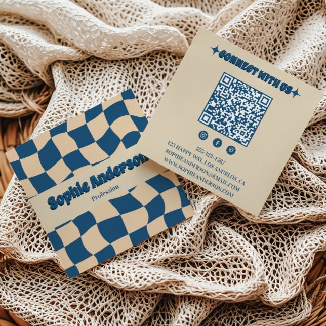 Carte De Visite Carré Retro Beige & Blue Wavy Checkerboard with QR Code  (Créateur téléchargé)