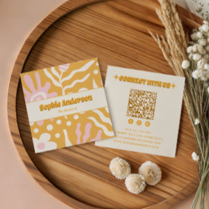 Carte De Visite Carré Rétro Boho Abstrait Code QR Réseaux Sociaux
