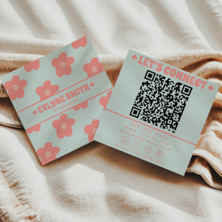 Carte De Visite Carré Rétro Douce Rose Bleu Code QR Groovy Floral Fémini