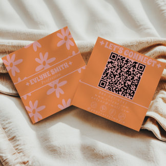 Carte De Visite Carré Retro Pink Orange QR Code Groovy Floral Girly