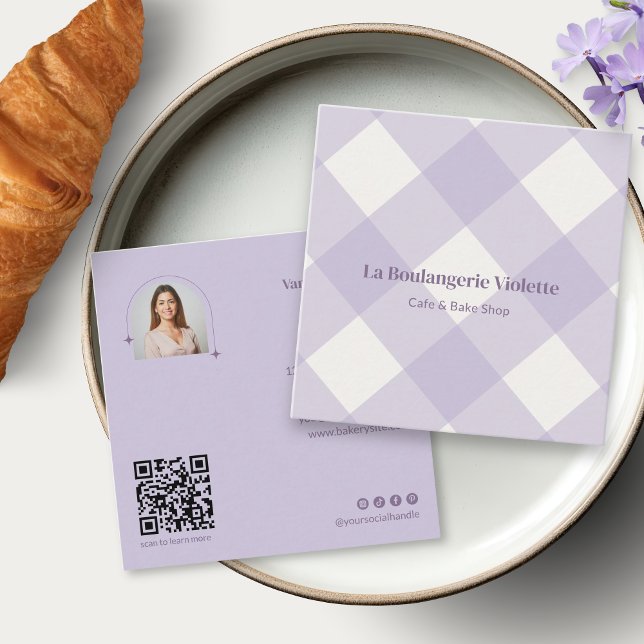 Carte De Visite Carré Retro Purple Bakery Gingham QR Code Photo (Créateur téléchargé)