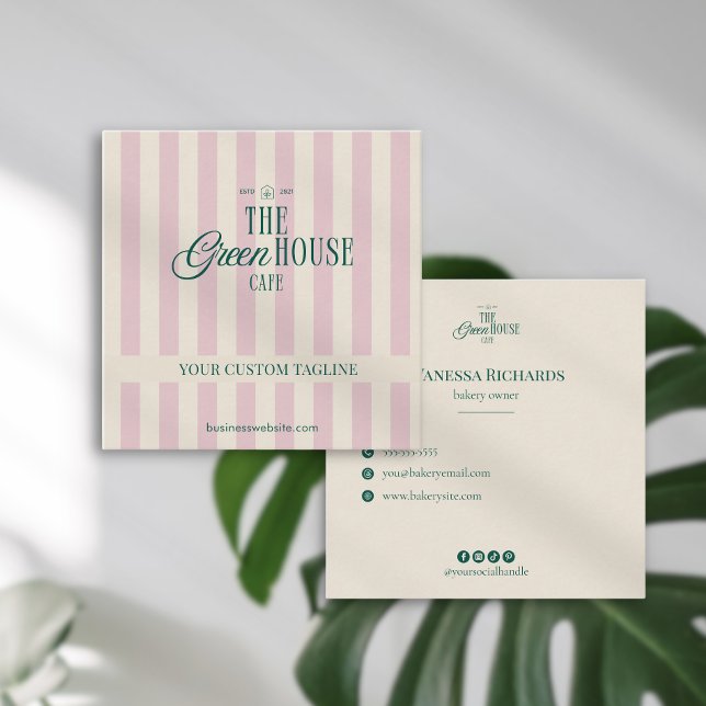Carte De Visite Carré Retro rose rayures Vert Business Logo Preppy (Créateur téléchargé)
