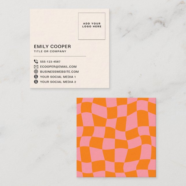 Carte De Visite Carré Retro Super Checkerboard Logo Pink Orange (Devant / Derrière)