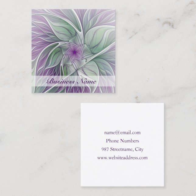 Carte De Visite Carré Rêve de fleurs, Abstrait violet vert Fractal Art (Devant / Derrière)