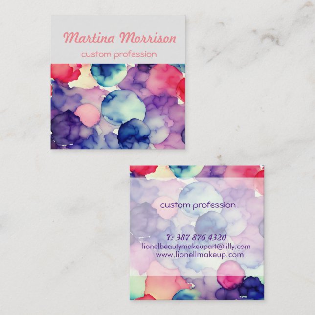 Carte De Visite Carré Rose bleu violet Aquarelle peinture Fusion (Devant / Derrière)