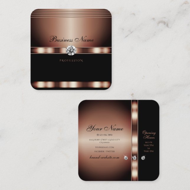 Carte De Visite Carré Rose glamour Noir avec Faux Rhinestones (Devant / Derrière)