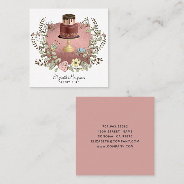 Carte De Visite Carré Rose Gold Cake Bakery Baker pâtisserie Chef (Devant / Derrière)