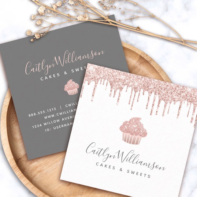 Carte De Visite Carré Rose Gold Cupcake Parties scintillant Drives Baker (Créateur téléchargé)