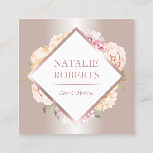 Carte De Visite Carré Rose Gold Pastel Maquillage Floral Artiste Coiffeu (Devant)