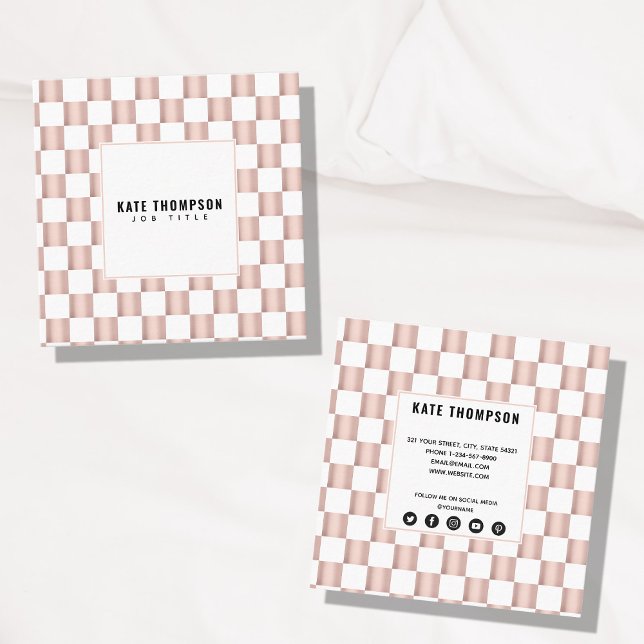 Carte De Visite Carré Rose Gold Pink Checkerboard Motif Social Media (Créateur téléchargé)