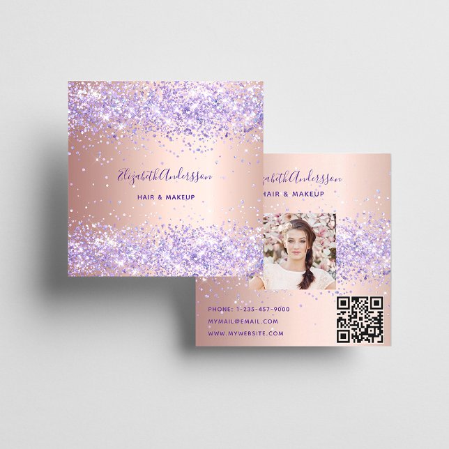 Carte De Visite Carré Rose or violet parties scintillant photo code qr (Créateur téléchargé)