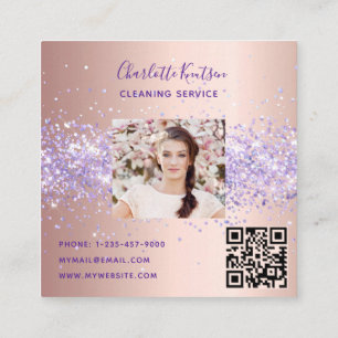 Carte De Visite Carré Rose or violet service de nettoyage photo code qr