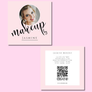 Carte De Visite Carré Rose Pâle Blanc Photo MUA Code QR Réseaux Sociaux