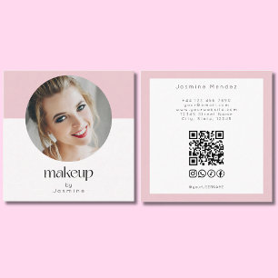 Carte De Visite Carré Rose Pâle Blanc Photo MUA Code QR Réseaux Sociaux
