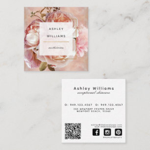 Carte De Visite Carré Rose & Peony QR Code Elégant Floral Carré moderne