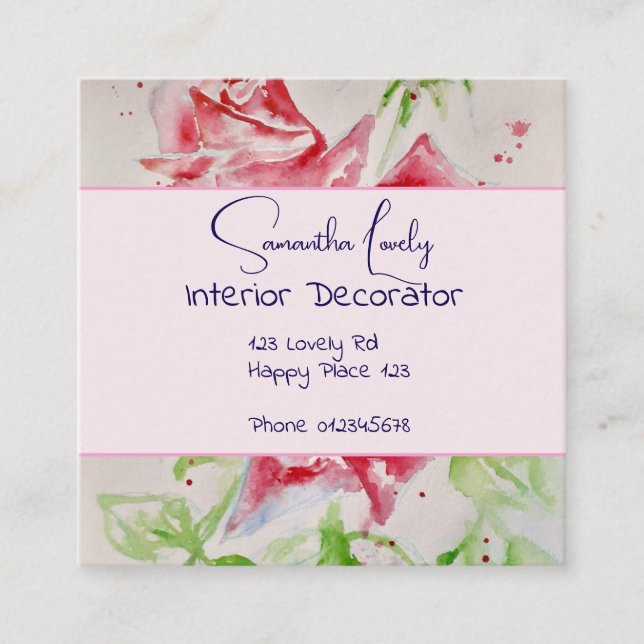 Carte De Visite Carré Rose rouge Aquarelle Roses heureux Anniversaire Ca (Devant)