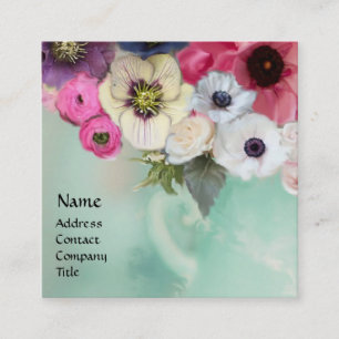 CARTE DE VISITE CARRÉ ROSES BLANCHES ET FLEURS D'ANÉMONE ROSES