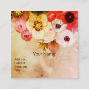 CARTE DE VISITE CARRÉ ROSES BLANCHES ROUGES BROWN ET FLEURS D'ANÉMONE