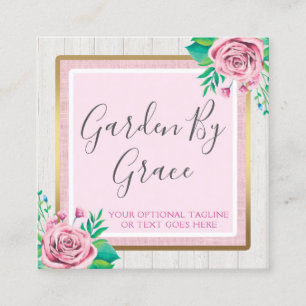 Carte De Visite Carré Roses d'aquarelle et cottage chic minable en bois
