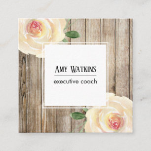 Carte De Visite Carré Roses ivoires, Bois rustique, Icônes sociales