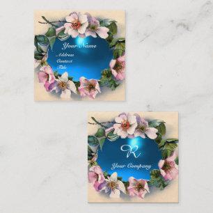 CARTE DE VISITE CARRÉ ROSES SAUVAGES AVEC LE MONOGRAMME BLEU DE GEMME