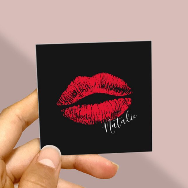 Carte De Visite Carré Rouge Lips Kiss Signature Maquillage Artiste Plaqu (Créateur téléchargé)