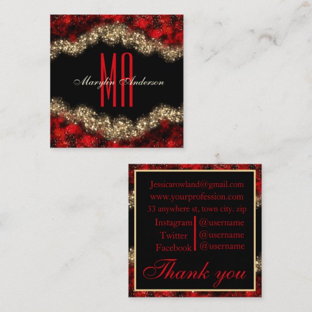CARTE DE VISITE CARRÉ ROUGE & OR NOËL SHIMMER MONOGRAMME PERSONNALISÉ (Devant / Derrière)