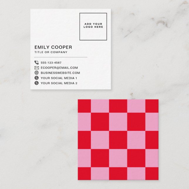Carte De Visite Carré Rouge rose moderne | Checker Checkerboard Votre lo (Devant / Derrière)